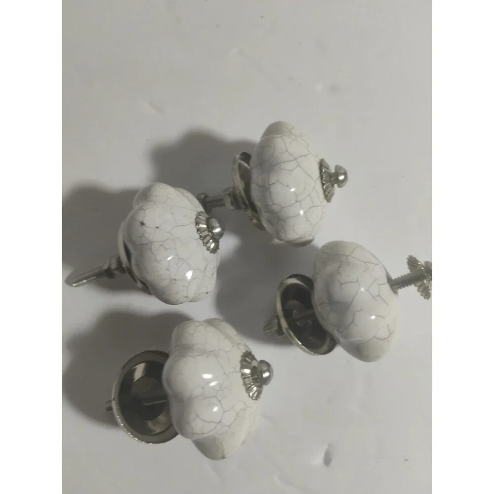 Lot of 4 Vintage Style White Crackle Glaze Ceramic Melon Cabinet Knobs Pulls